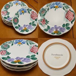 4 Fortebraccio Italy Flora Dinner Plates 11 1/8" Hand Painted Scalloped Rim